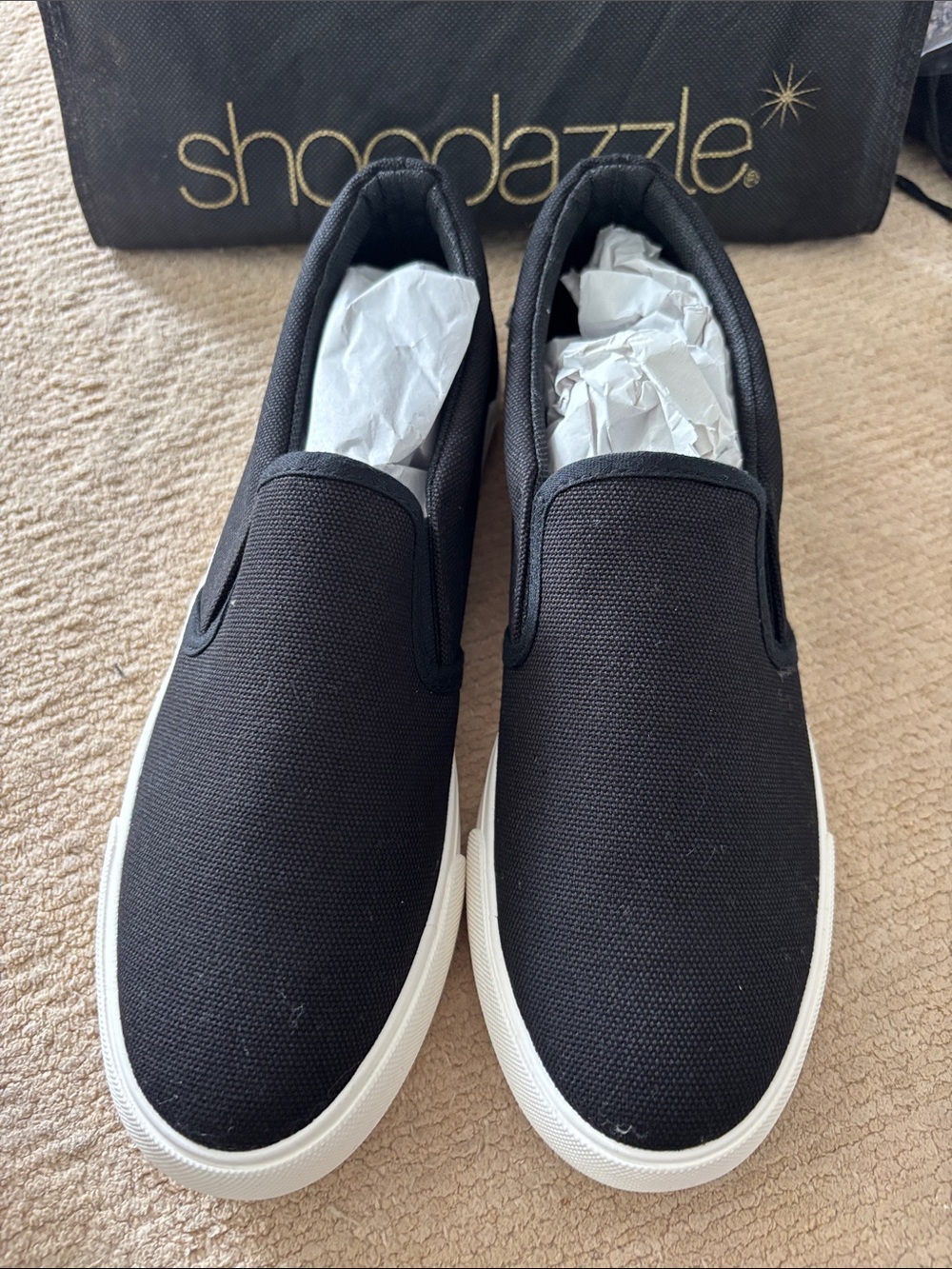 Shoe Dazzle Black Canvas Slip-On Sneakers with White Sole